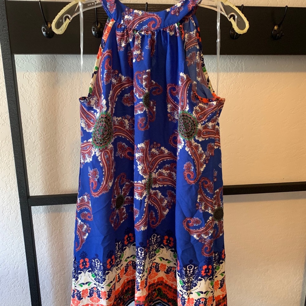 Royal blue print tie neck dress